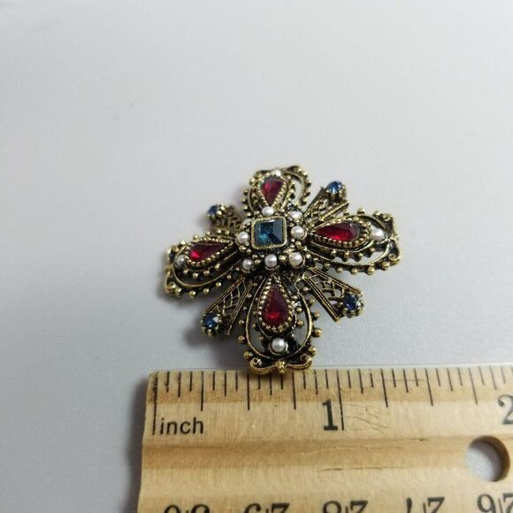 Vintage ART Gold Tone Heraldic Maltese Cross Rhinestone Brooch, Red White Blue - Picture 5 of 7
